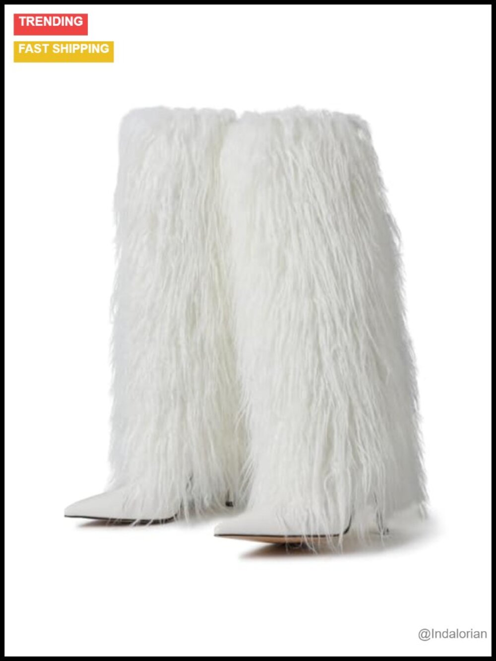 Faux Fur PU Leather Wide Calf Knee High Boots Pointed Toe Stiletto Heel